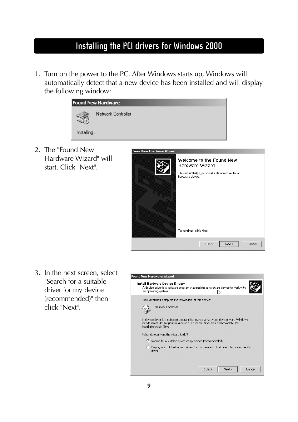Installing the pci drivers for windows 2000 | Belkin Wireless Notebook Network Card User Manual | Page 11 / 49