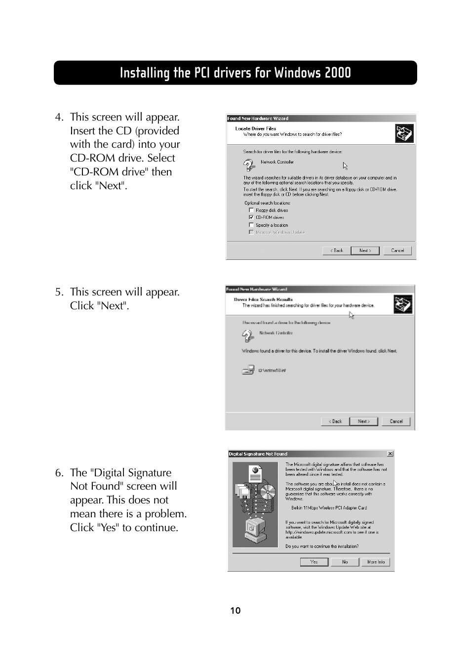 Installing the pci drivers for windows 2000 | Belkin Wireless Notebook Network Card User Manual | Page 12 / 49