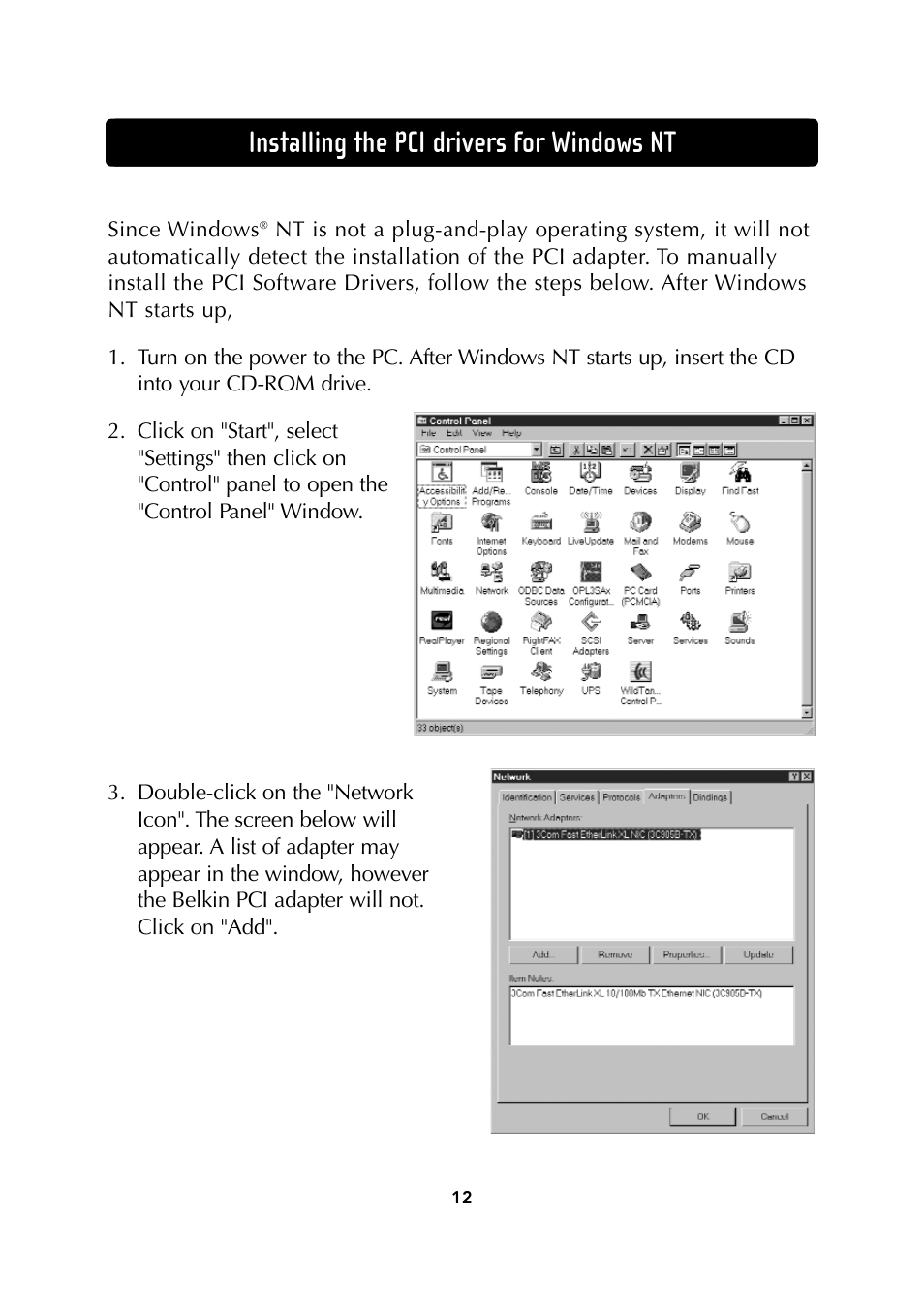 Installing the pci drivers for windows nt | Belkin Wireless Notebook Network Card User Manual | Page 14 / 49