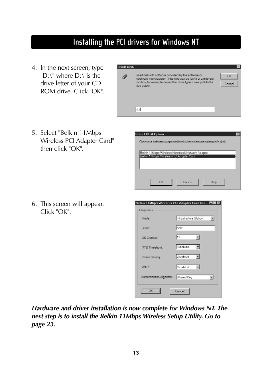 Installing the pci drivers for windows nt | Belkin Wireless Notebook Network Card User Manual | Page 15 / 49