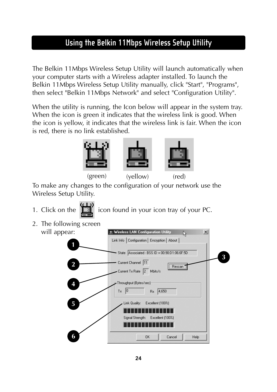 Using the belkin 11mbps wireless setup utility | Belkin Wireless Notebook Network Card User Manual | Page 26 / 49