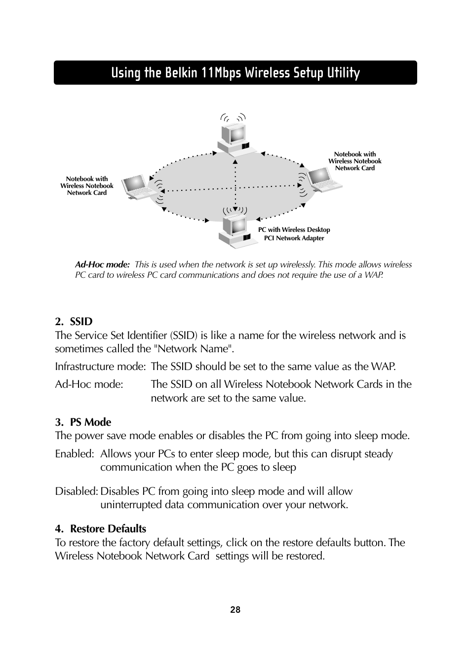 Using the belkin 11mbps wireless setup utility | Belkin Wireless Notebook Network Card User Manual | Page 30 / 49