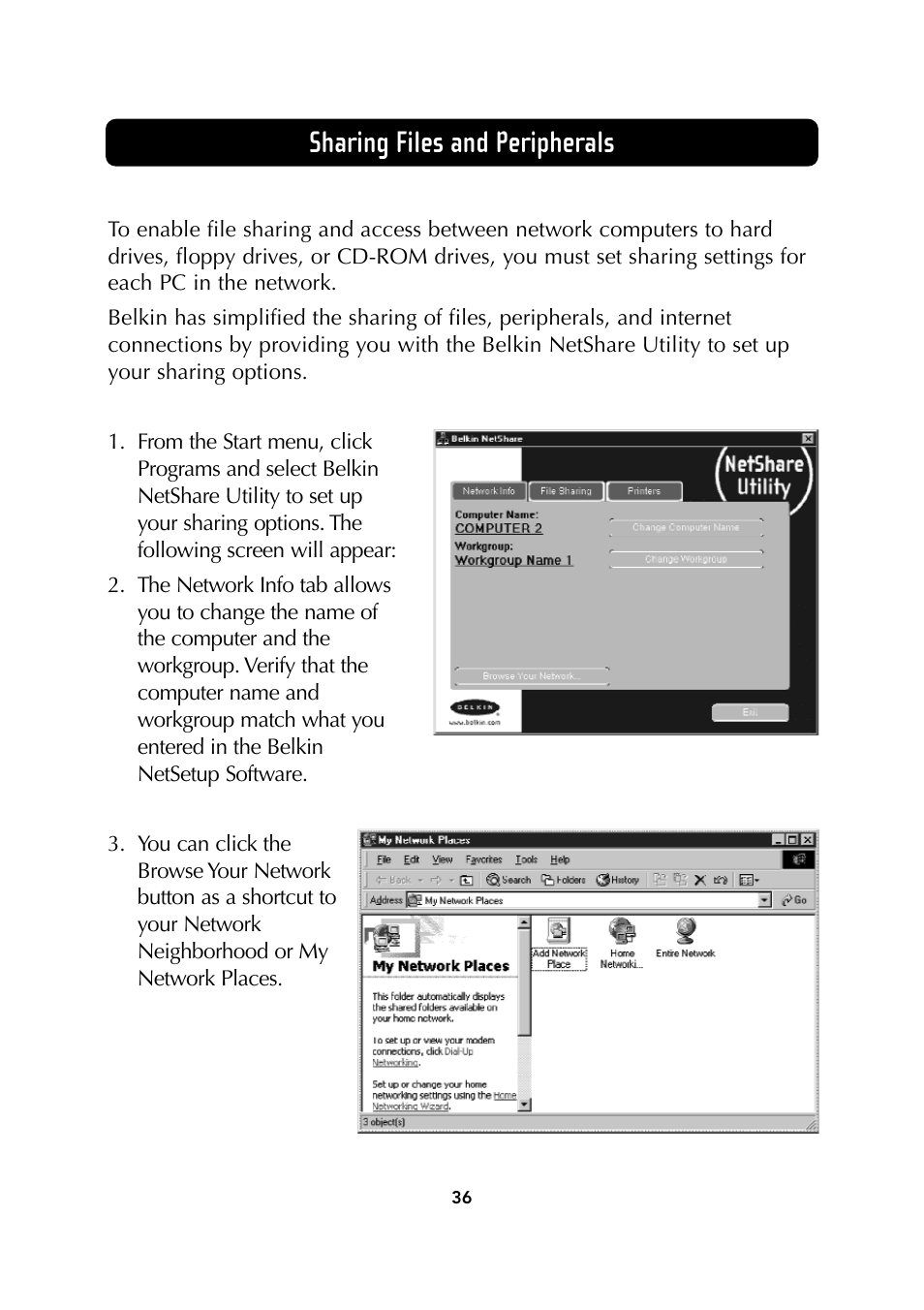 Sharing files and peripherals | Belkin Wireless Notebook Network Card User Manual | Page 38 / 49