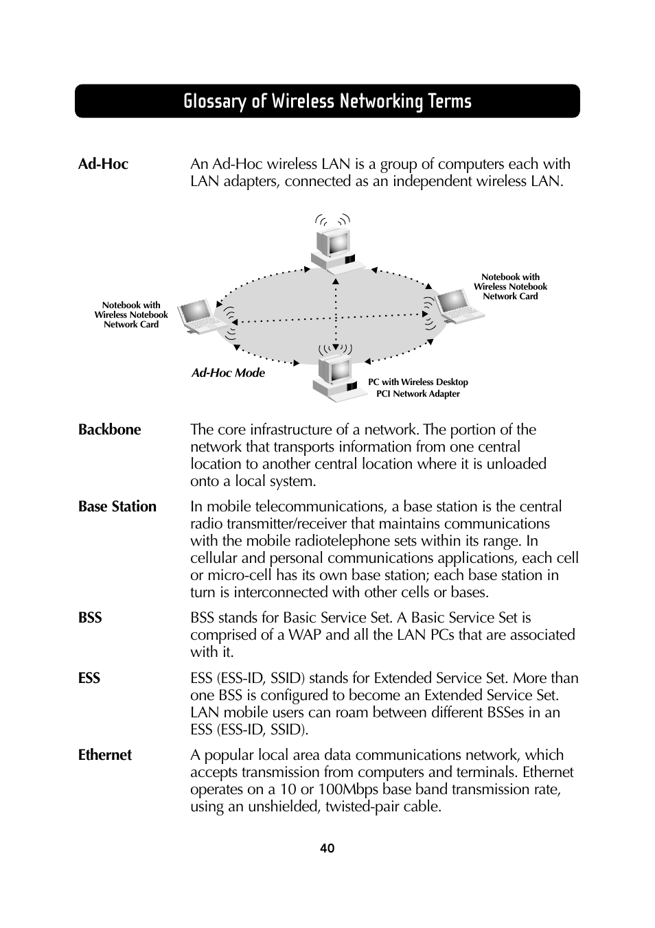 Glossary of wireless networking terms | Belkin Wireless Notebook Network Card User Manual | Page 42 / 49