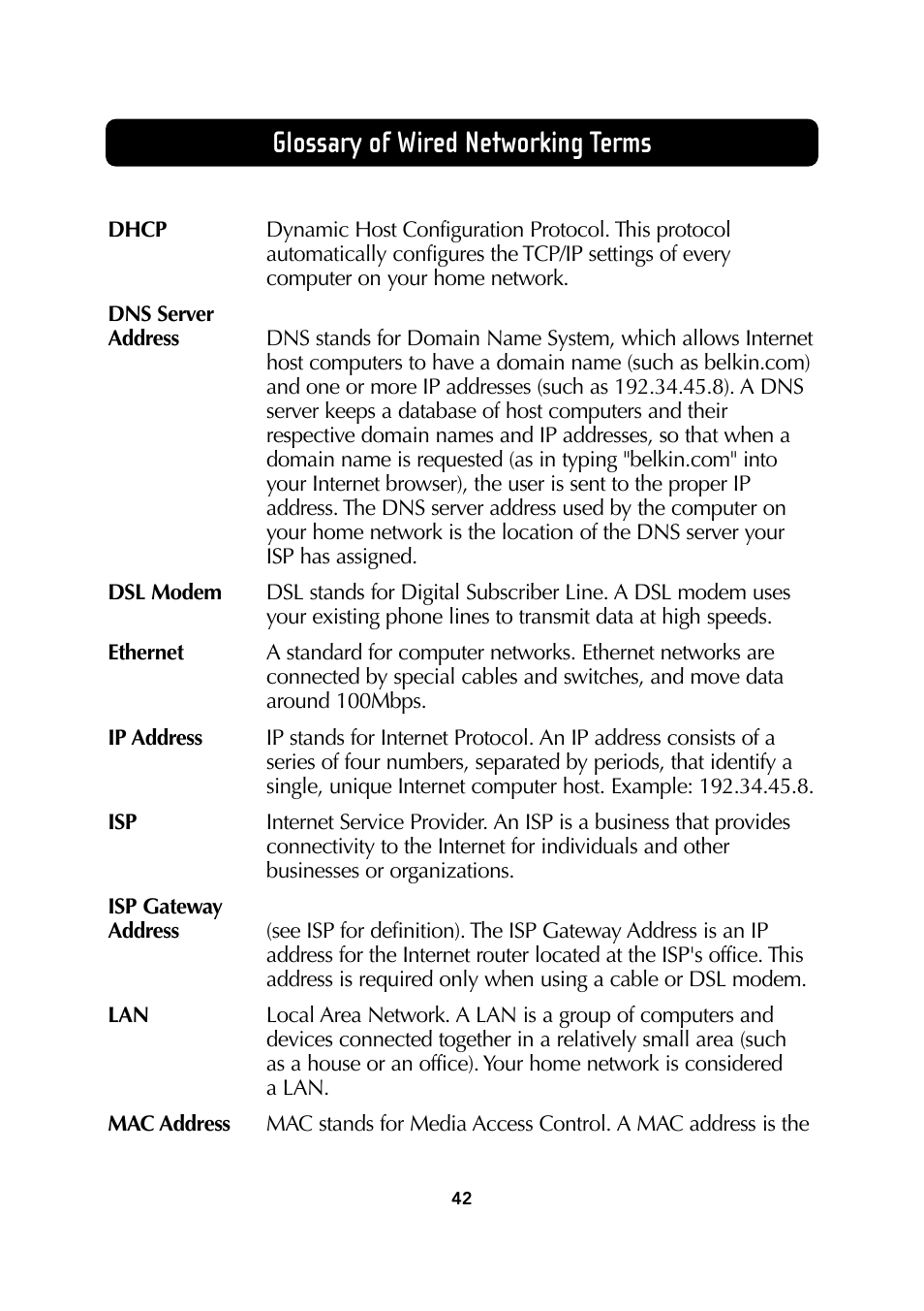 Glossary of wired networking terms | Belkin Wireless Notebook Network Card User Manual | Page 44 / 49