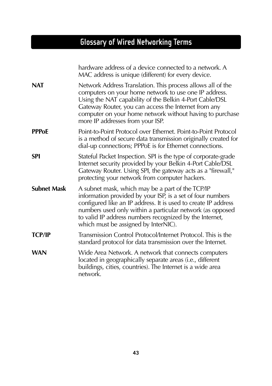 Glossary of wired networking terms | Belkin Wireless Notebook Network Card User Manual | Page 45 / 49