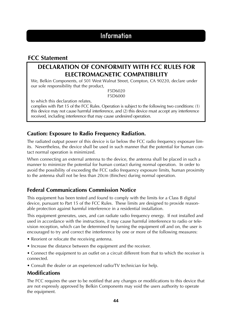 Information | Belkin Wireless Notebook Network Card User Manual | Page 46 / 49