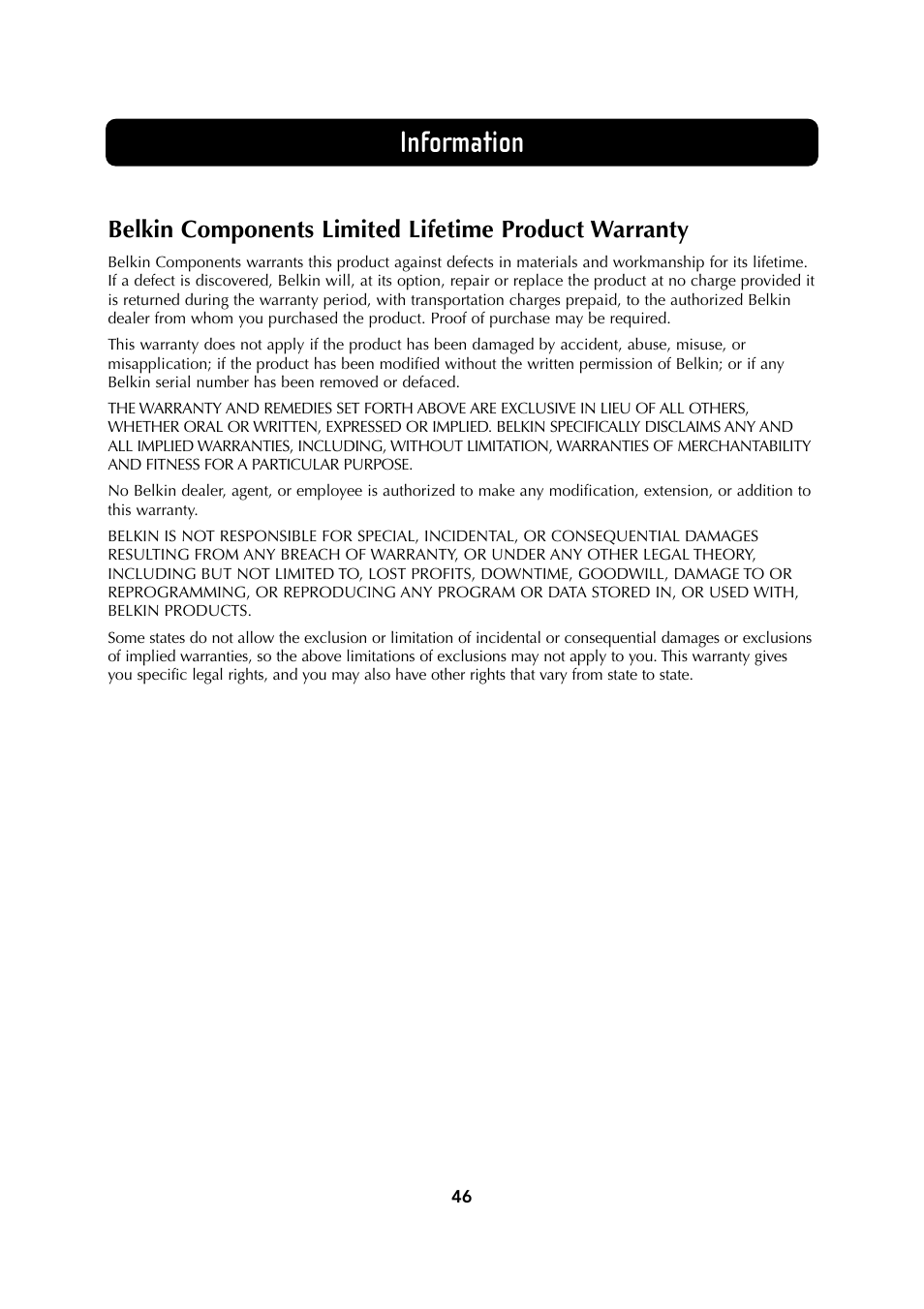 Information | Belkin Wireless Notebook Network Card User Manual | Page 48 / 49