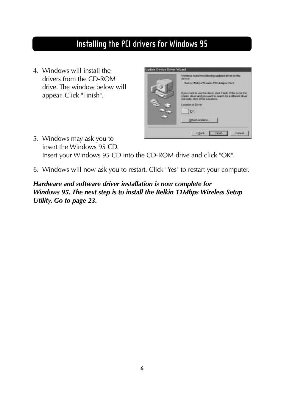 Installing the pci drivers for windows 95 | Belkin Wireless Notebook Network Card User Manual | Page 8 / 49