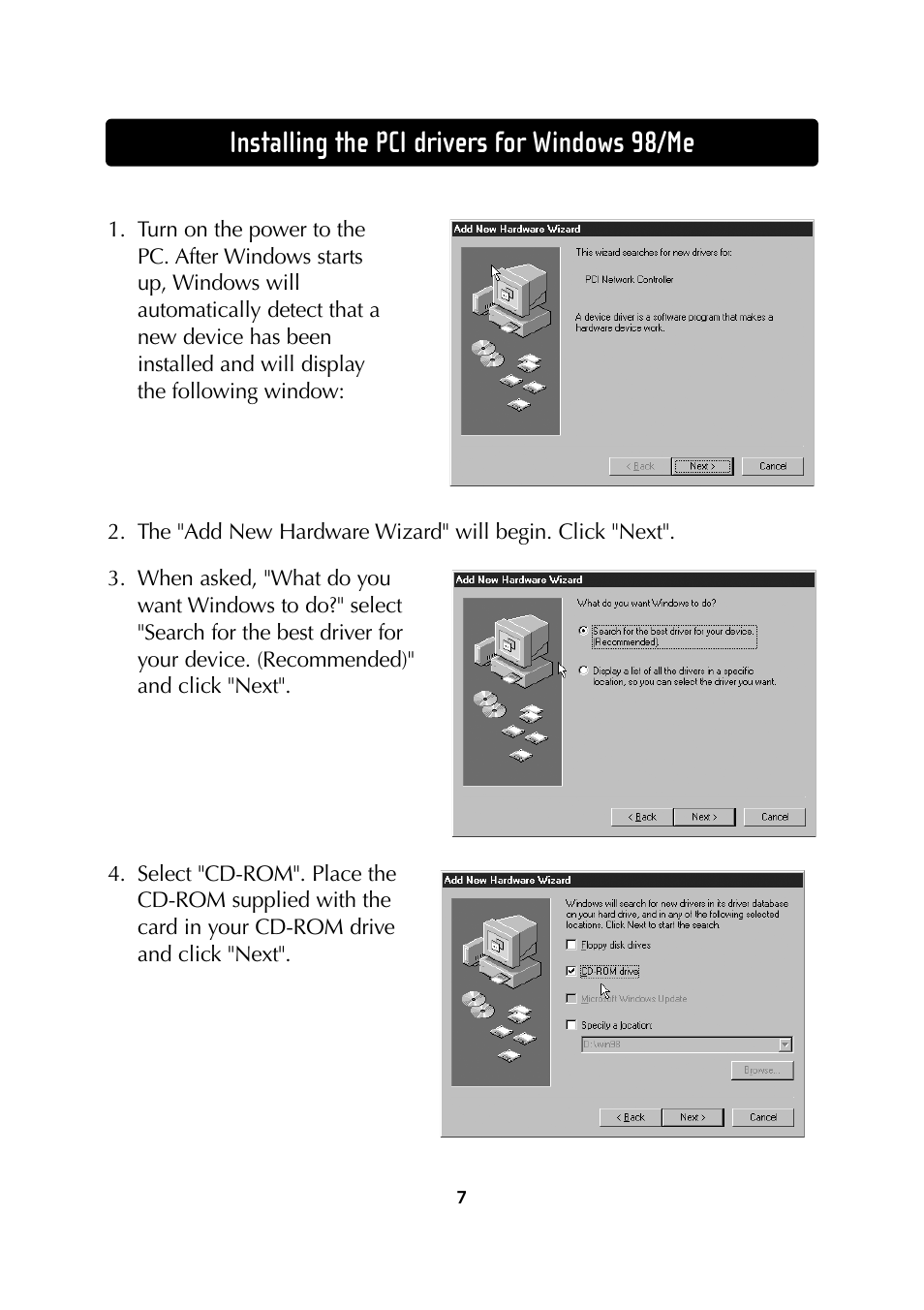 Installing the pci drivers for windows 98/me | Belkin Wireless Notebook Network Card User Manual | Page 9 / 49