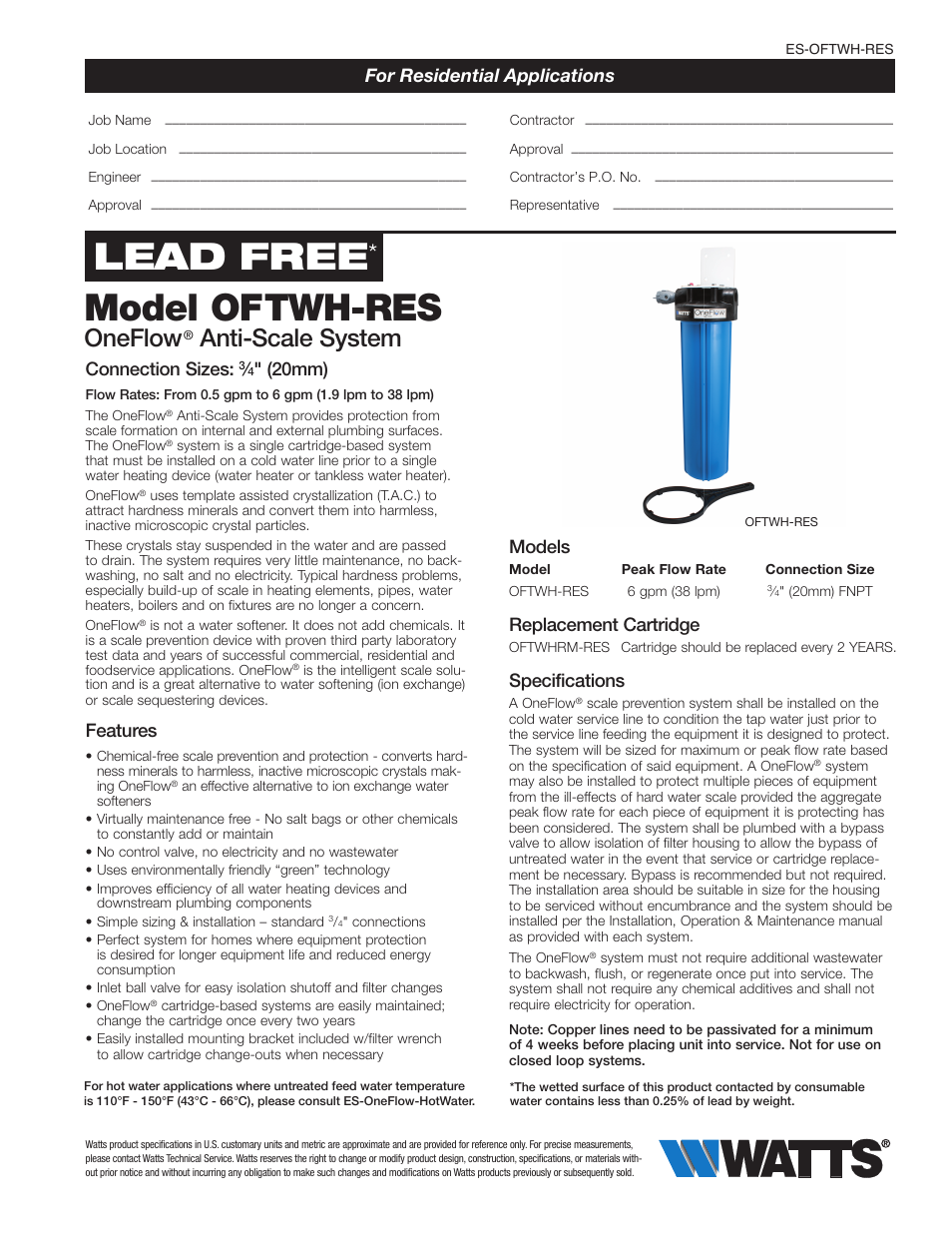 Watts OFTWH-RES User Manual | 2 pages