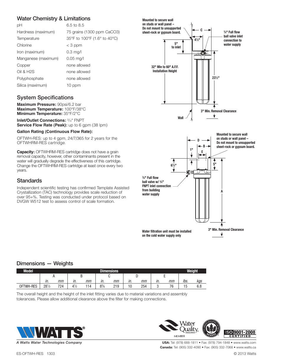 Water chemistry & limitations, System specifications, Standards | Dimensions — weights | Watts OFTWH-RES User Manual | Page 2 / 2