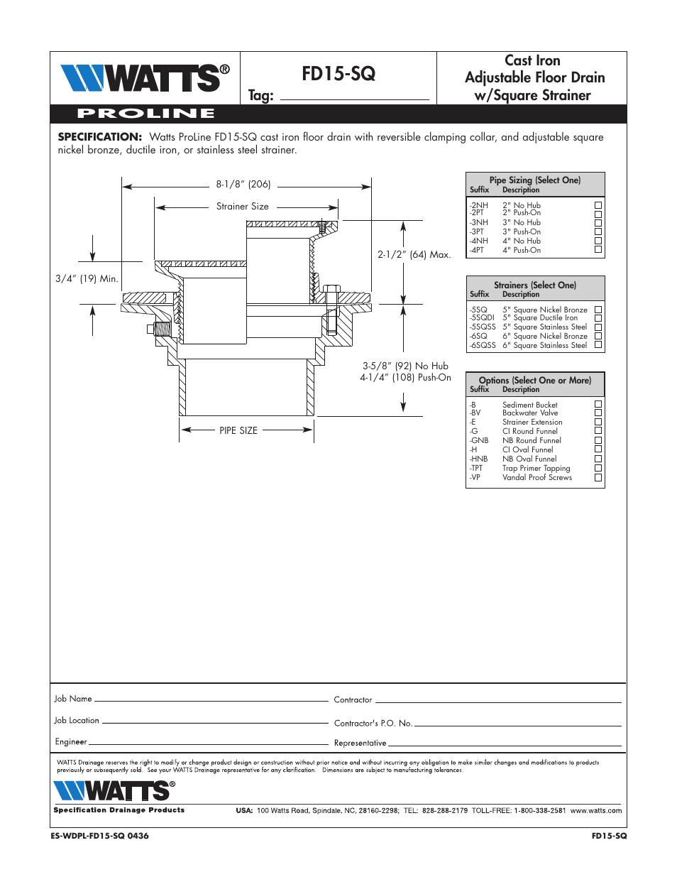 Watts FD15-SQ User Manual | 1 page