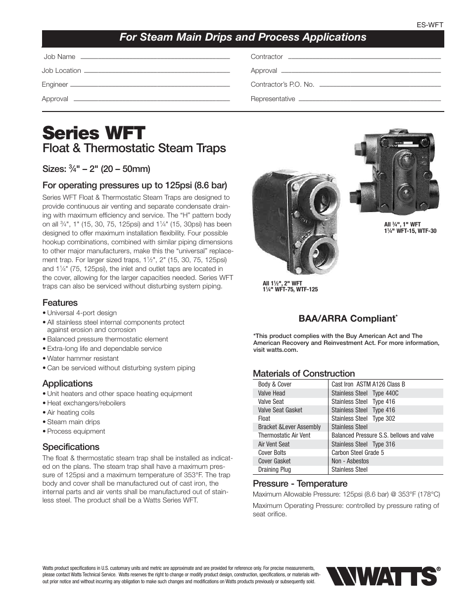 Watts WFT User Manual | 2 pages