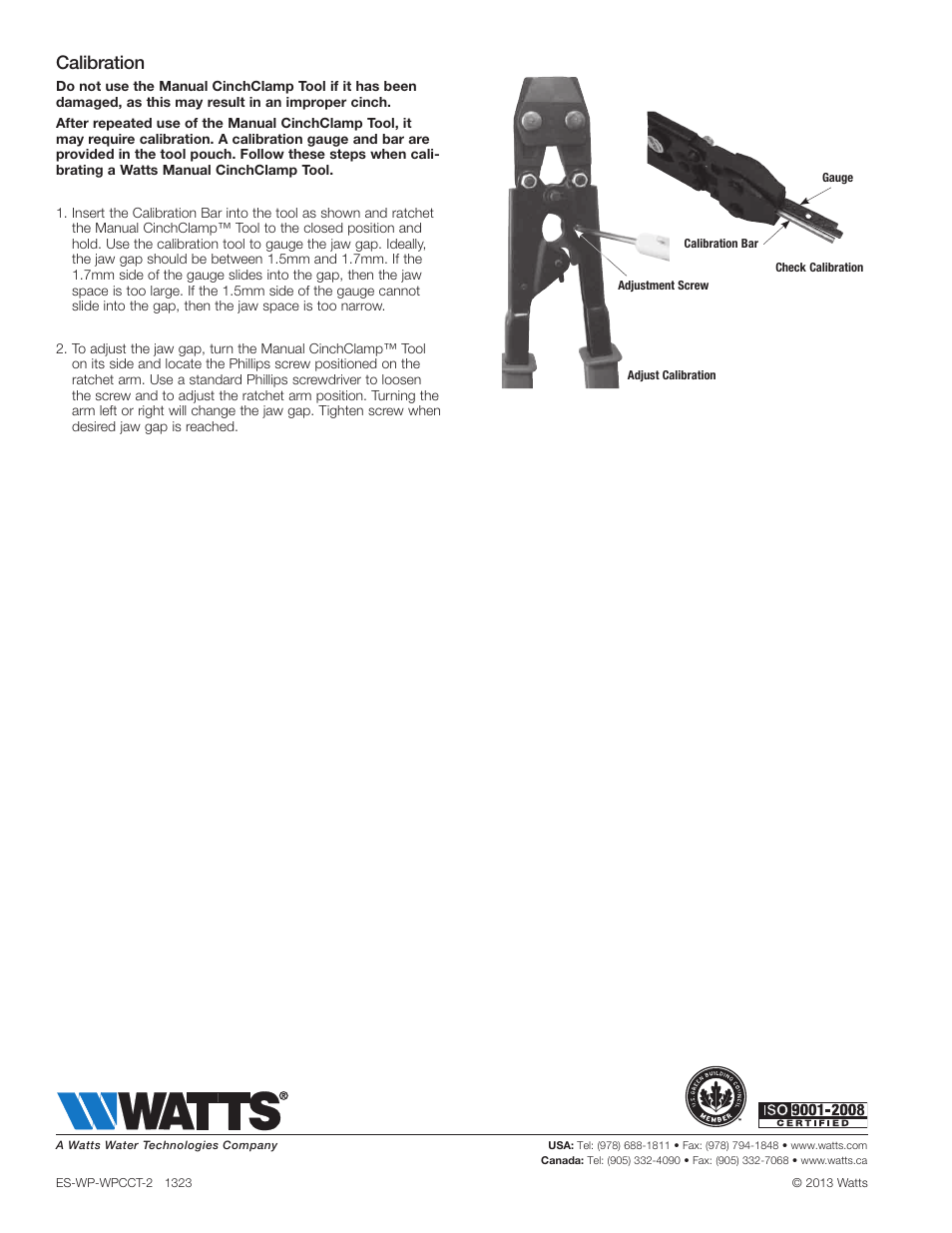 Calibration | Watts WPCCT-2 User Manual | Page 2 / 2