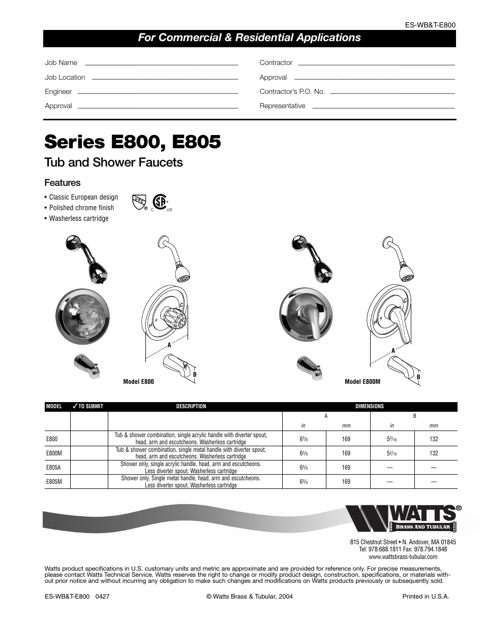 Watts E800M User Manual | 1 page