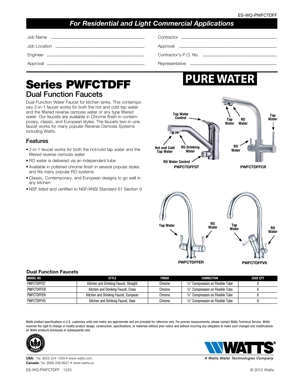 Watts PWFCTDFF User Manual | 1 page