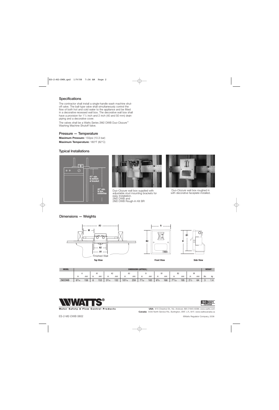 Dimensions — weights, Typical installations, Specifications | Pressure — temperature | Watts DWB User Manual | Page 2 / 2