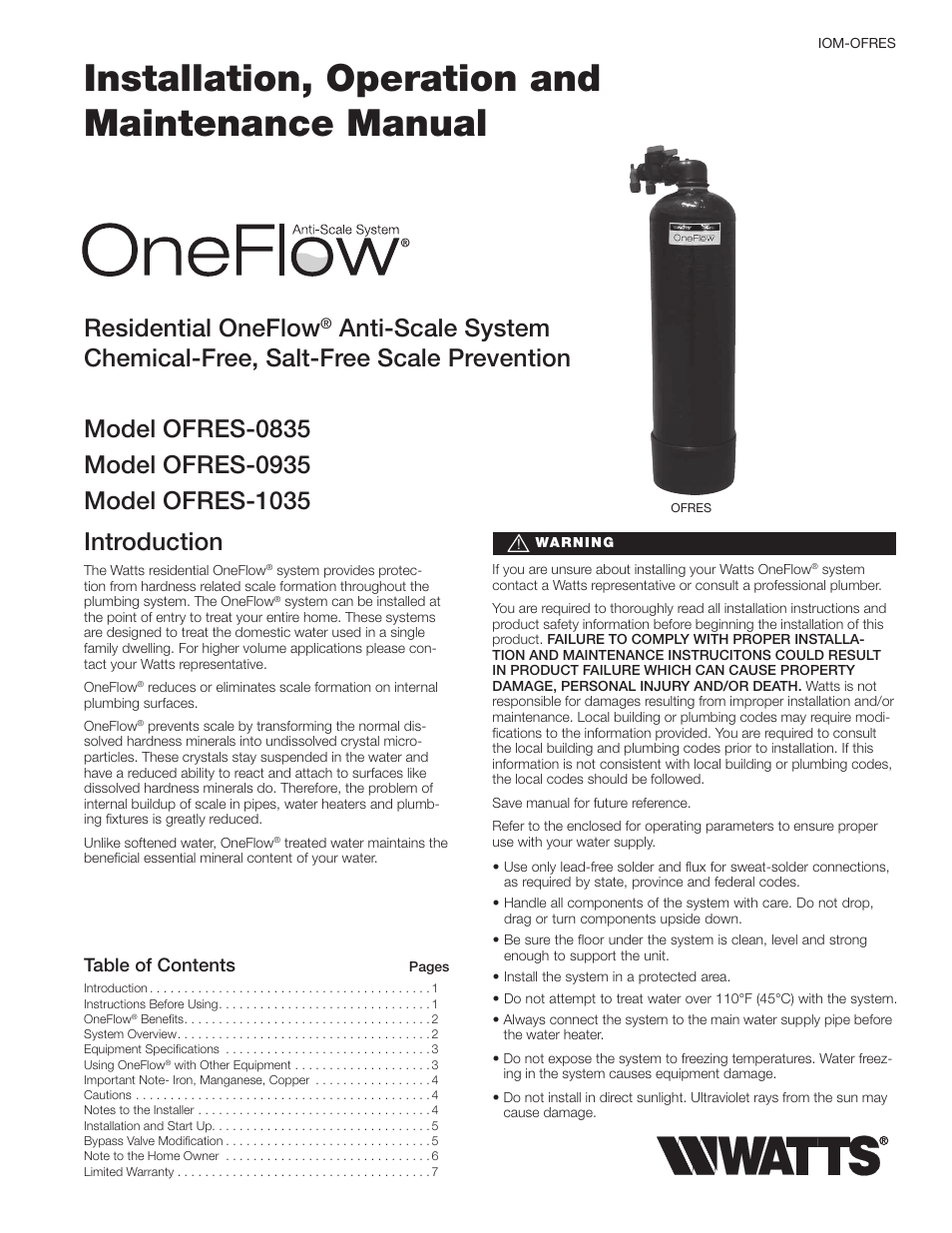 Watts OFRES-1035 User Manual | 7 pages
