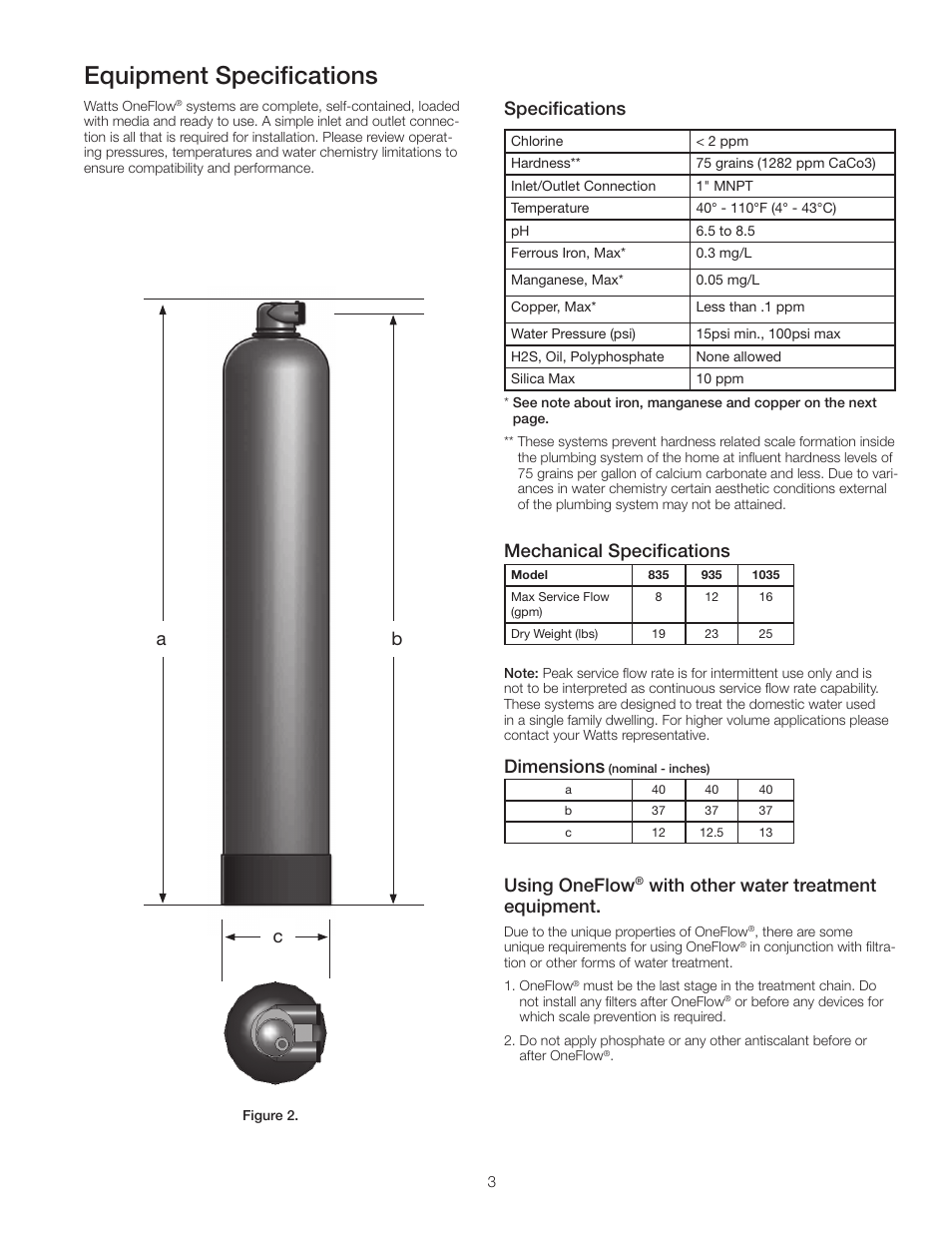 Equipment specifications, Specifications, Ab c mechanical specifications | Using oneflow, With other water treatment equipment, Dimensions | Watts OFRES-1035 User Manual | Page 3 / 7