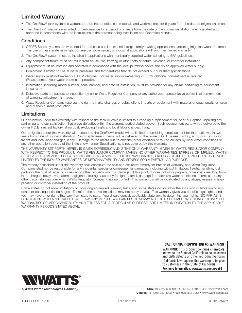 Limited warranty, Conditions, Limitations | Watts OFRES-1035 User Manual | Page 7 / 7