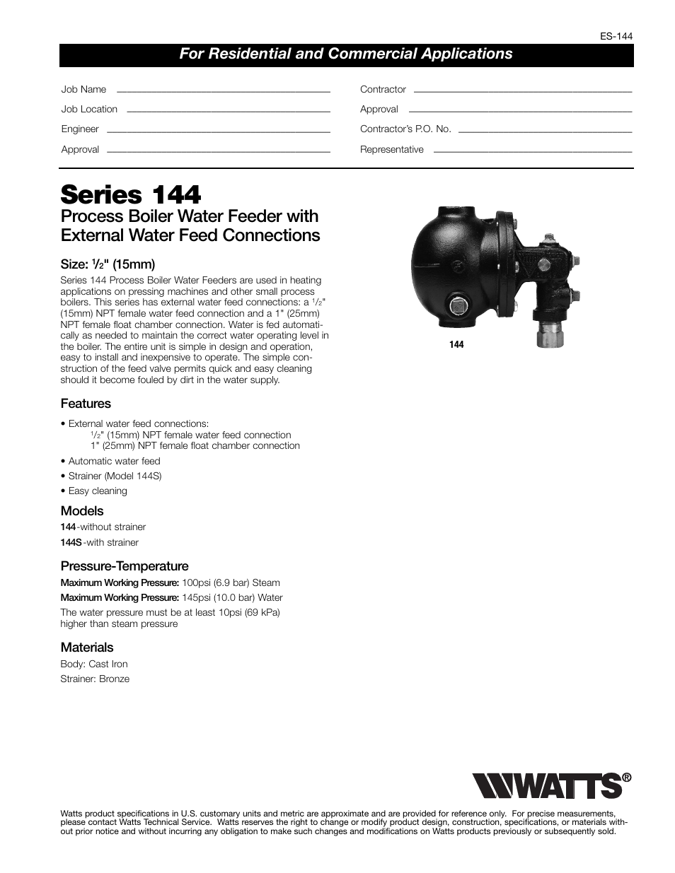 Watts 144 User Manual | 2 pages