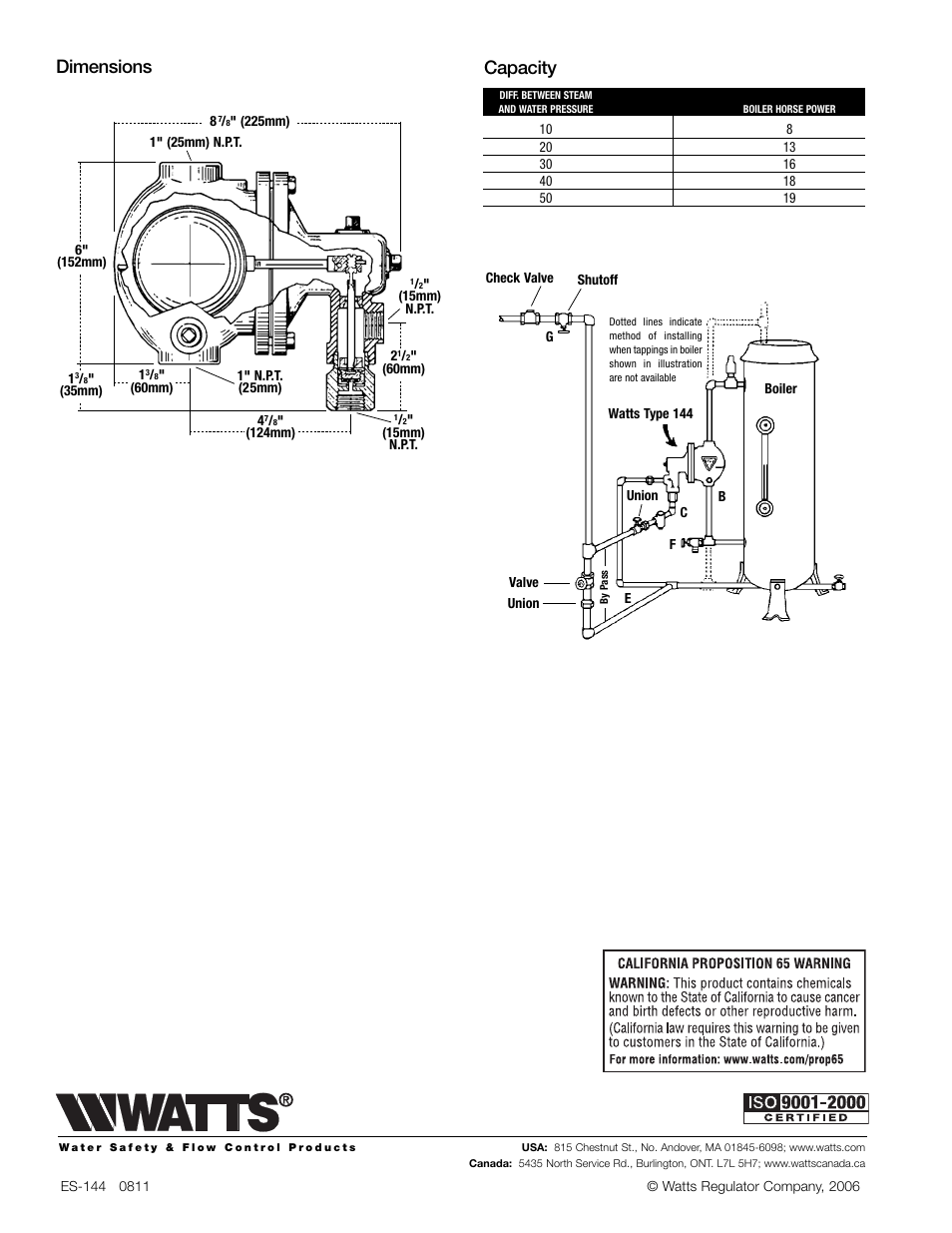 Dimensions capacity | Watts 144 User Manual | Page 2 / 2