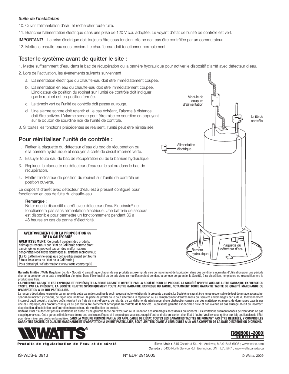 Tester le système avant de quitter le site, Pour réinitialiser l’unité de contrôle | Watts LFWDS User Manual | Page 12 / 12