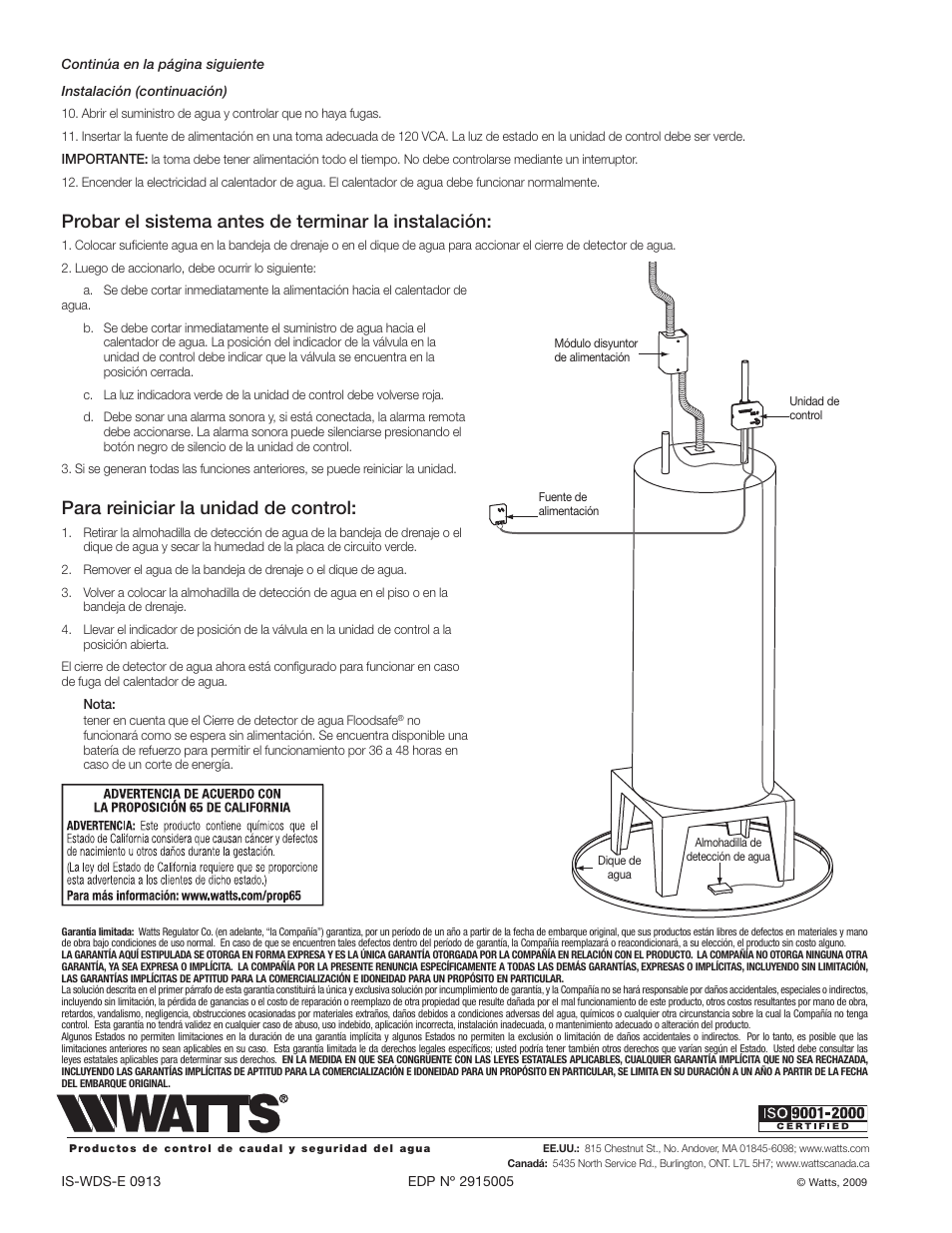 Probar el sistema antes de terminar la instalación, Para reiniciar la unidad de control | Watts LFWDS User Manual | Page 8 / 12