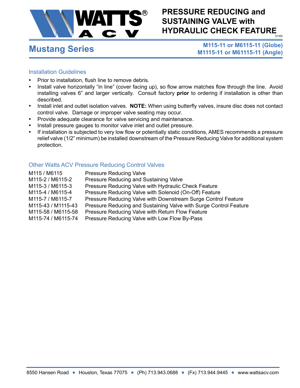 Mustang series | Watts M1115-11 User Manual | Page 2 / 2