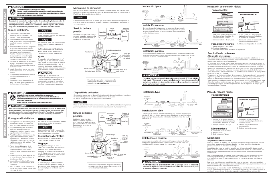 Guía de instalación, Consignes d'installation, Instructions d’entretien | Réglage, Installation type, Instalación en serie, Instalación paralela, Instalación típica, Installation en série, Installation en parallèle | Watts LFU5B-Z3 User Manual | Page 2 / 2