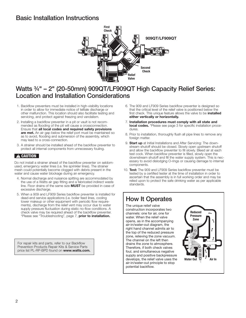 How it operates, Basic installation instructions watts | Watts LF909 User Manual | Page 2 / 8