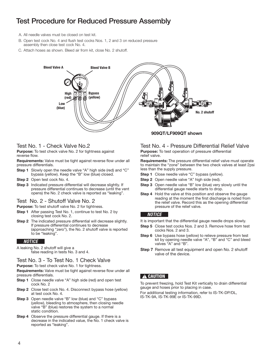 Test procedure for reduced pressure assembly, Test no. 1 - check valve no.2, Test no. 2 - shutoff valve no. 2 | Test no. 3 - to test no. 1 check valve, Test no. 4 - pressure differential relief valve | Watts LF909 User Manual | Page 4 / 8