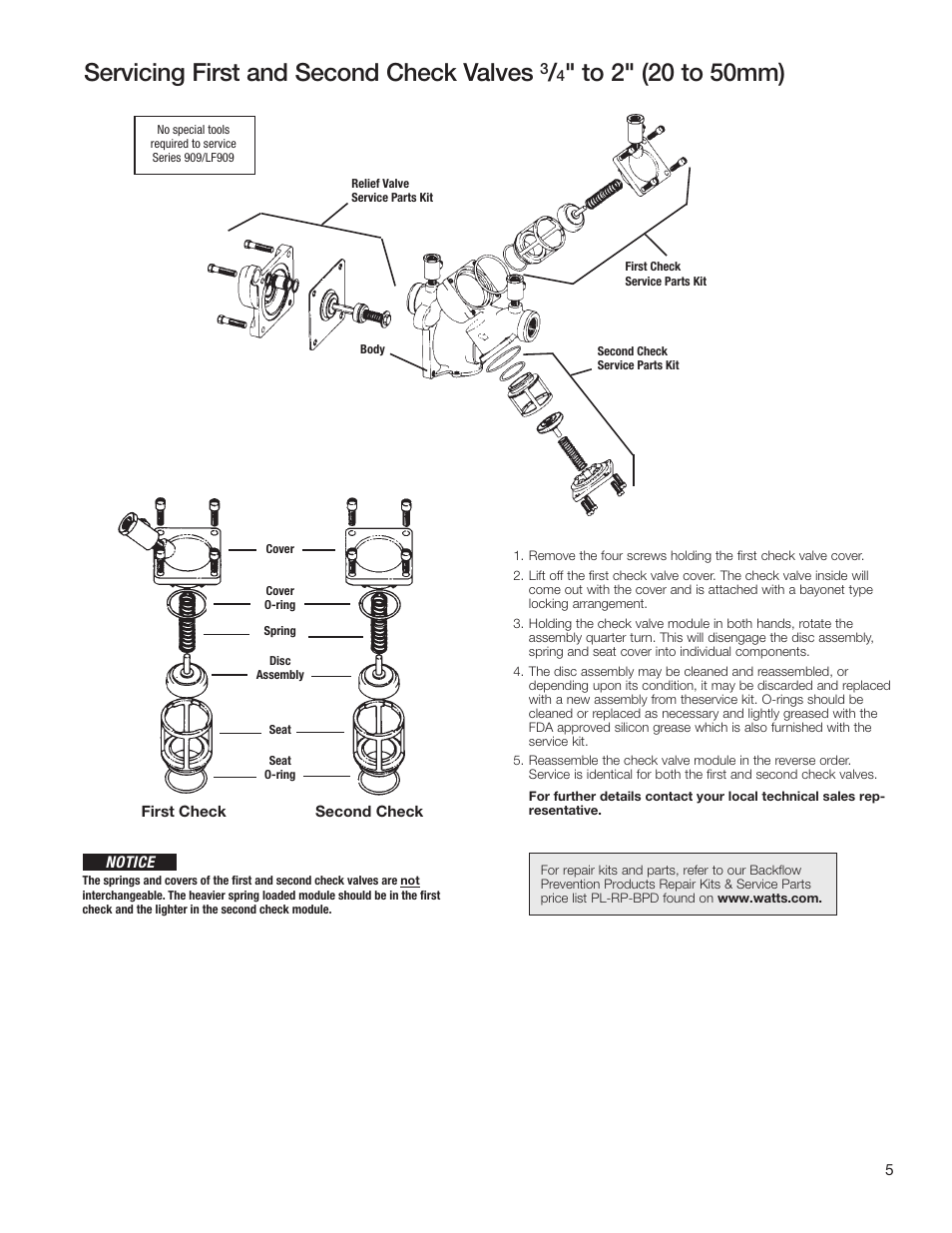 Servicing first and second check valves | Watts LF909 User Manual | Page 5 / 8