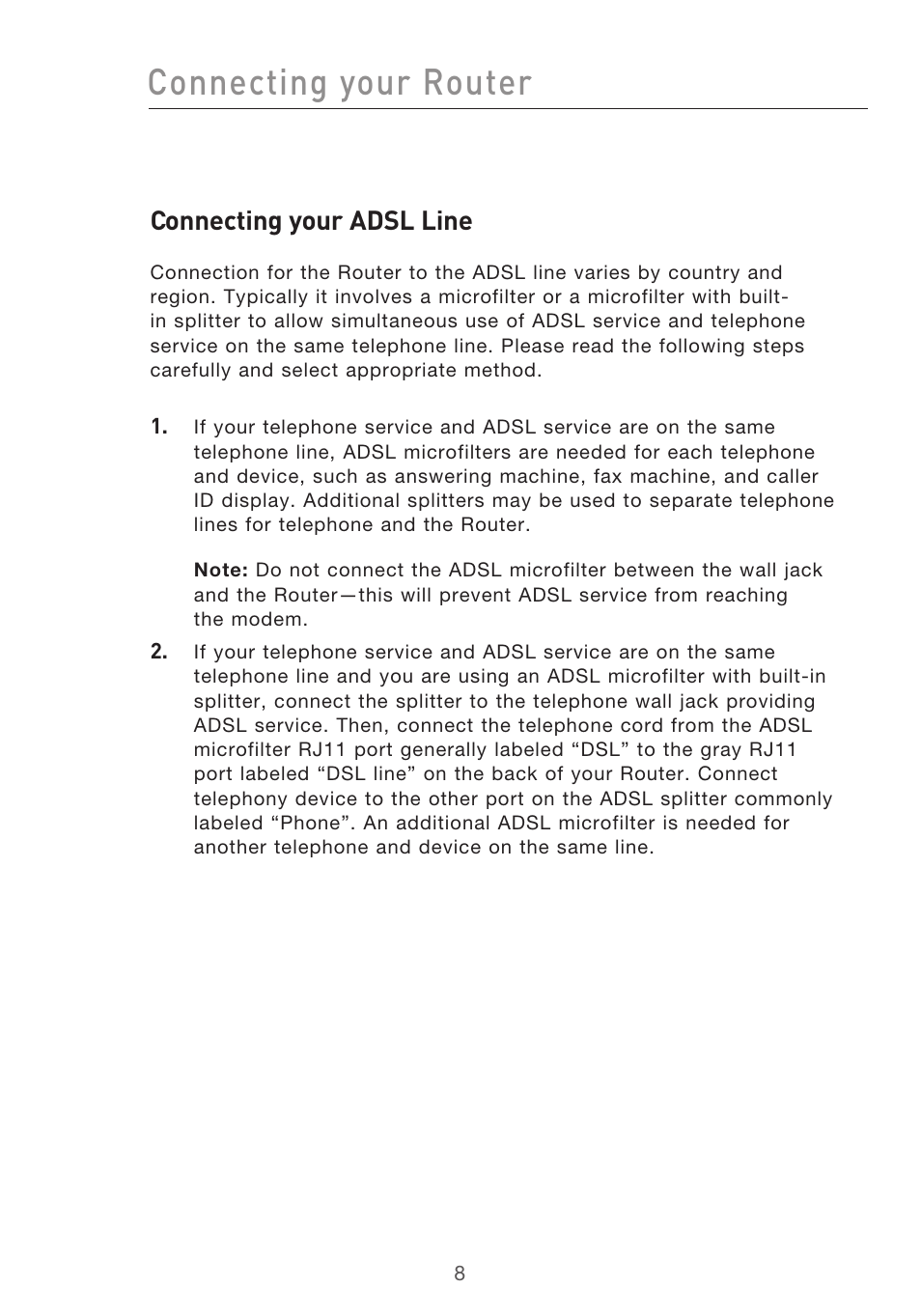 Connecting your router, Connecting your adsl line | Belkin F5D9630UK4A User Manual | Page 10 / 552