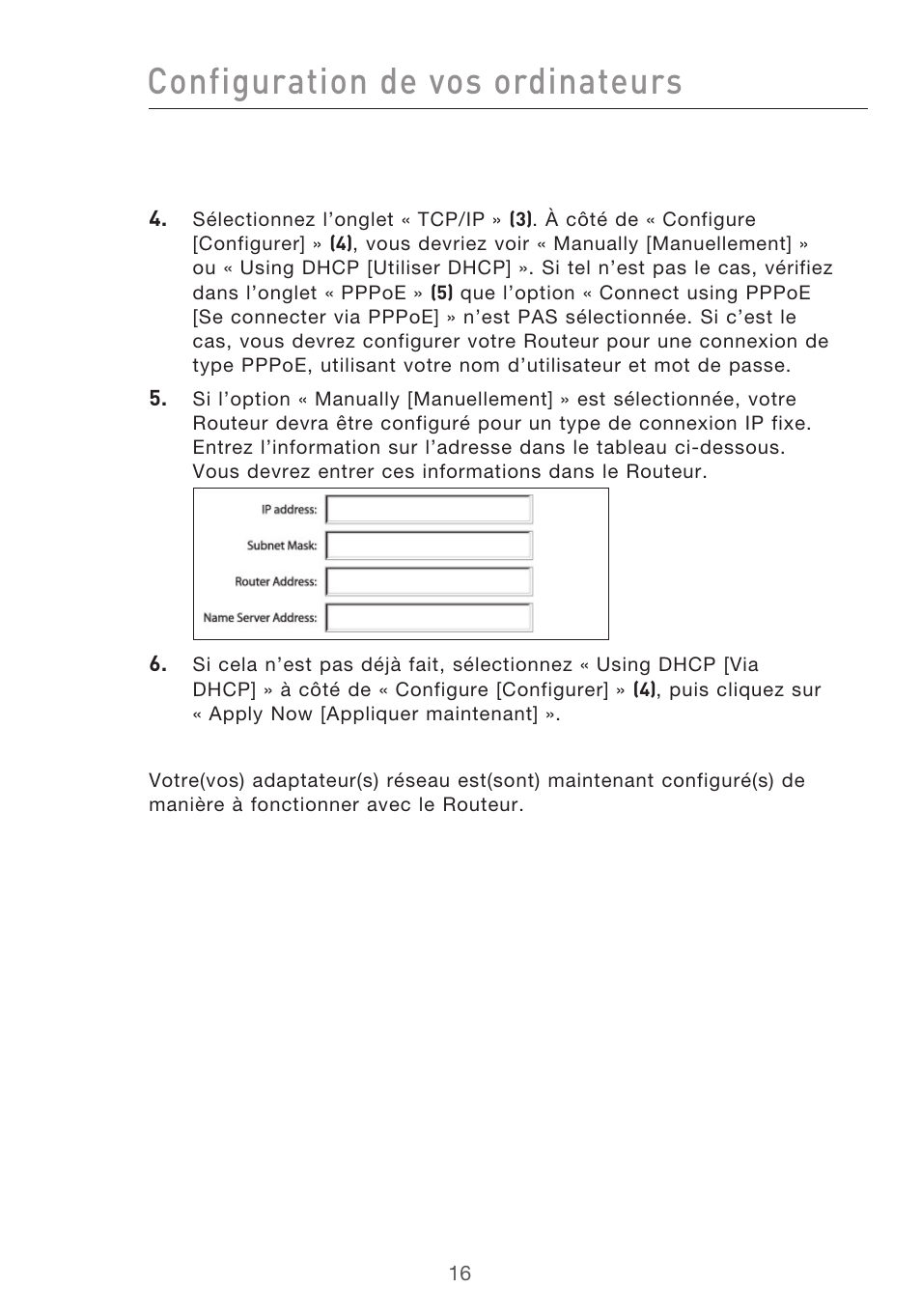 Configuration de vos ordinateurs | Belkin F5D9630UK4A User Manual | Page 110 / 552