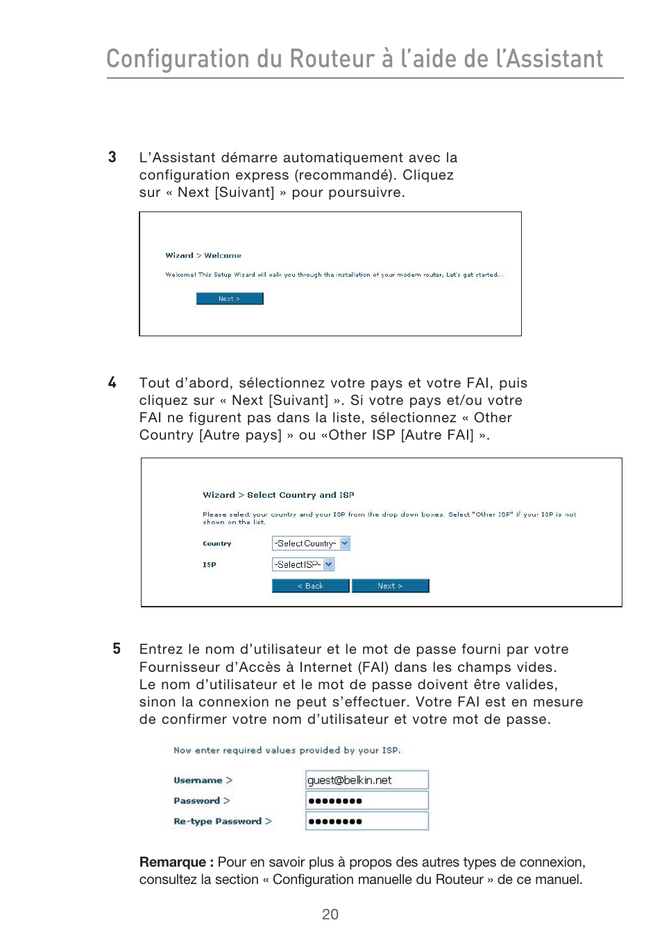 Configuration du routeur à l’aide de l’assistant | Belkin F5D9630UK4A User Manual | Page 114 / 552