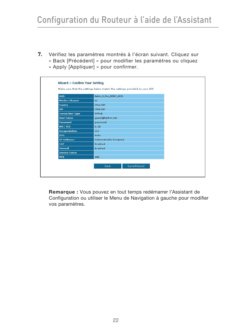 Configuration du routeur à l’aide de l’assistant | Belkin F5D9630UK4A User Manual | Page 116 / 552