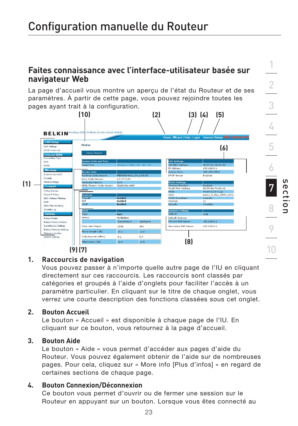 Configuration manuelle du routeur, Configuration du routeur à l’aide de l’assistant, Se ct io n | Belkin F5D9630UK4A User Manual | Page 117 / 552