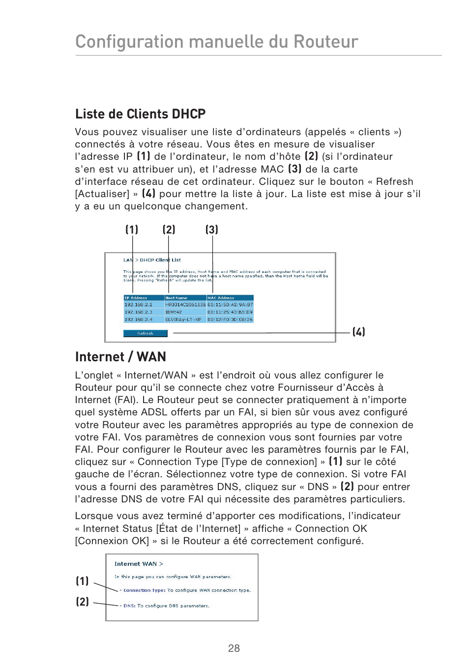 Configuration manuelle du routeur, Liste de clients dhcp, Internet / wan | Belkin F5D9630UK4A User Manual | Page 122 / 552