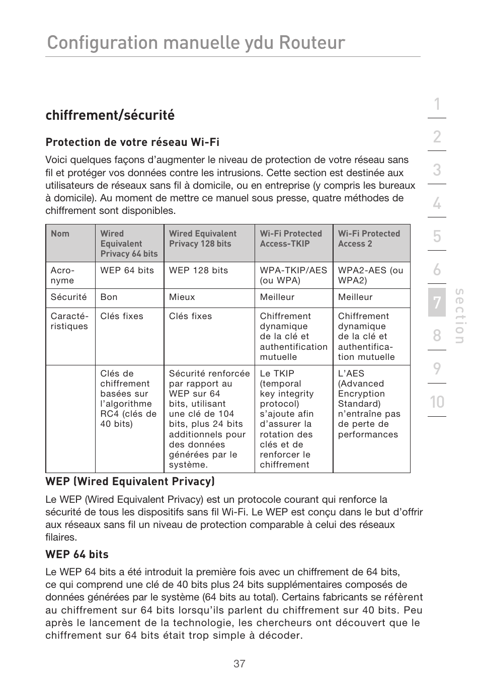 Configuration manuelle du routeur, Se ct io n, Chiffrement/sécurité | Belkin F5D9630UK4A User Manual | Page 131 / 552