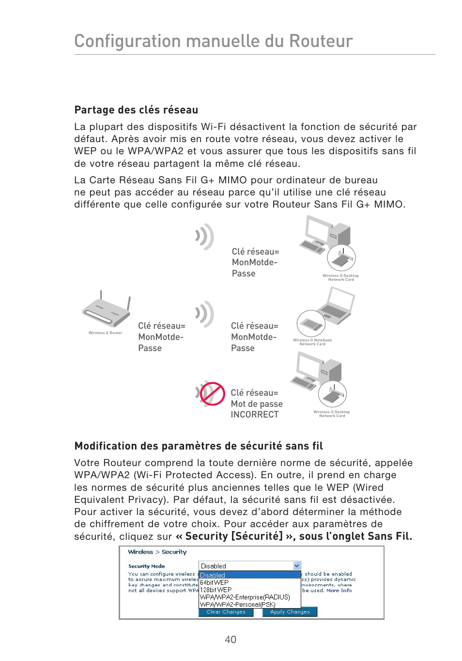 Configuration manuelle du routeur, Partage des clés réseau, Modification des paramètres de sécurité sans fil | Security [sécurité] », sous l’onglet sans fil | Belkin F5D9630UK4A User Manual | Page 134 / 552