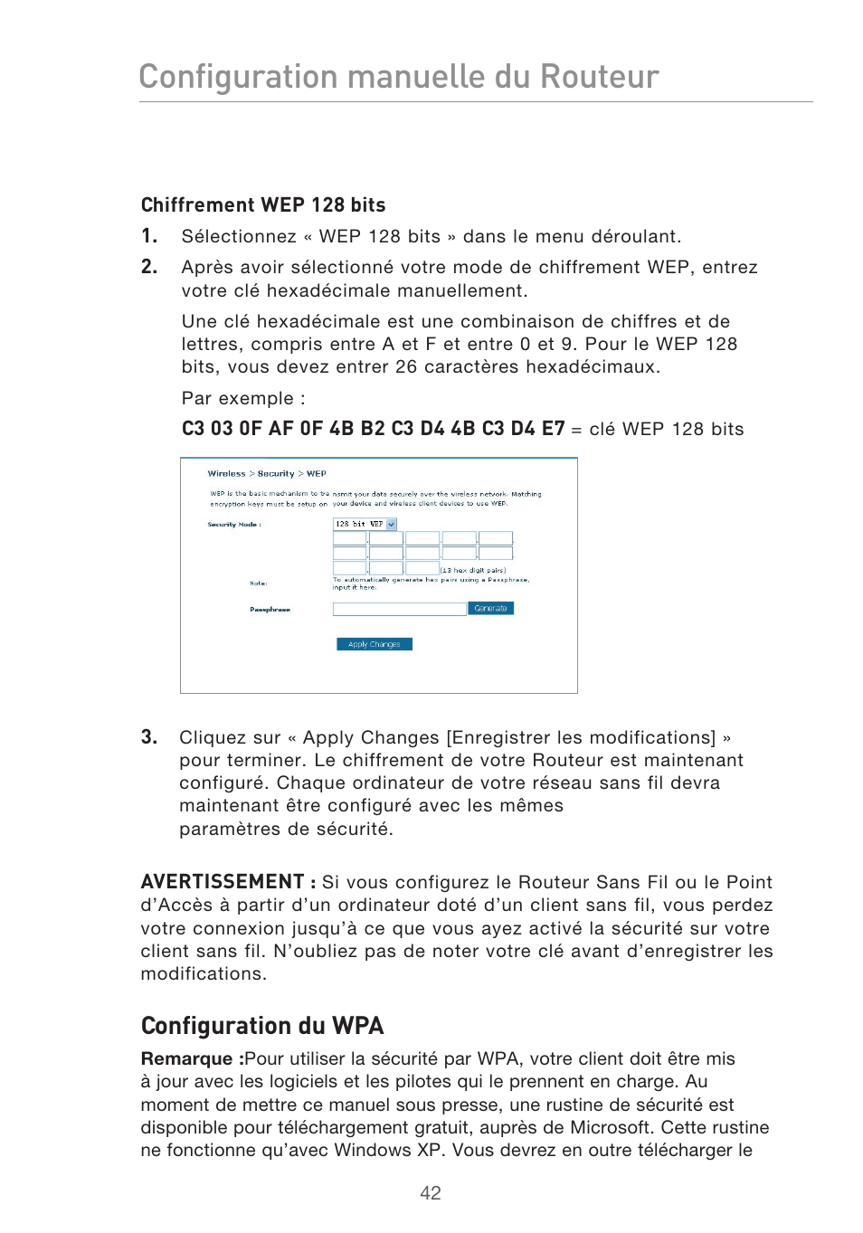 Configuration manuelle du routeur, Configuration du wpa | Belkin F5D9630UK4A User Manual | Page 136 / 552