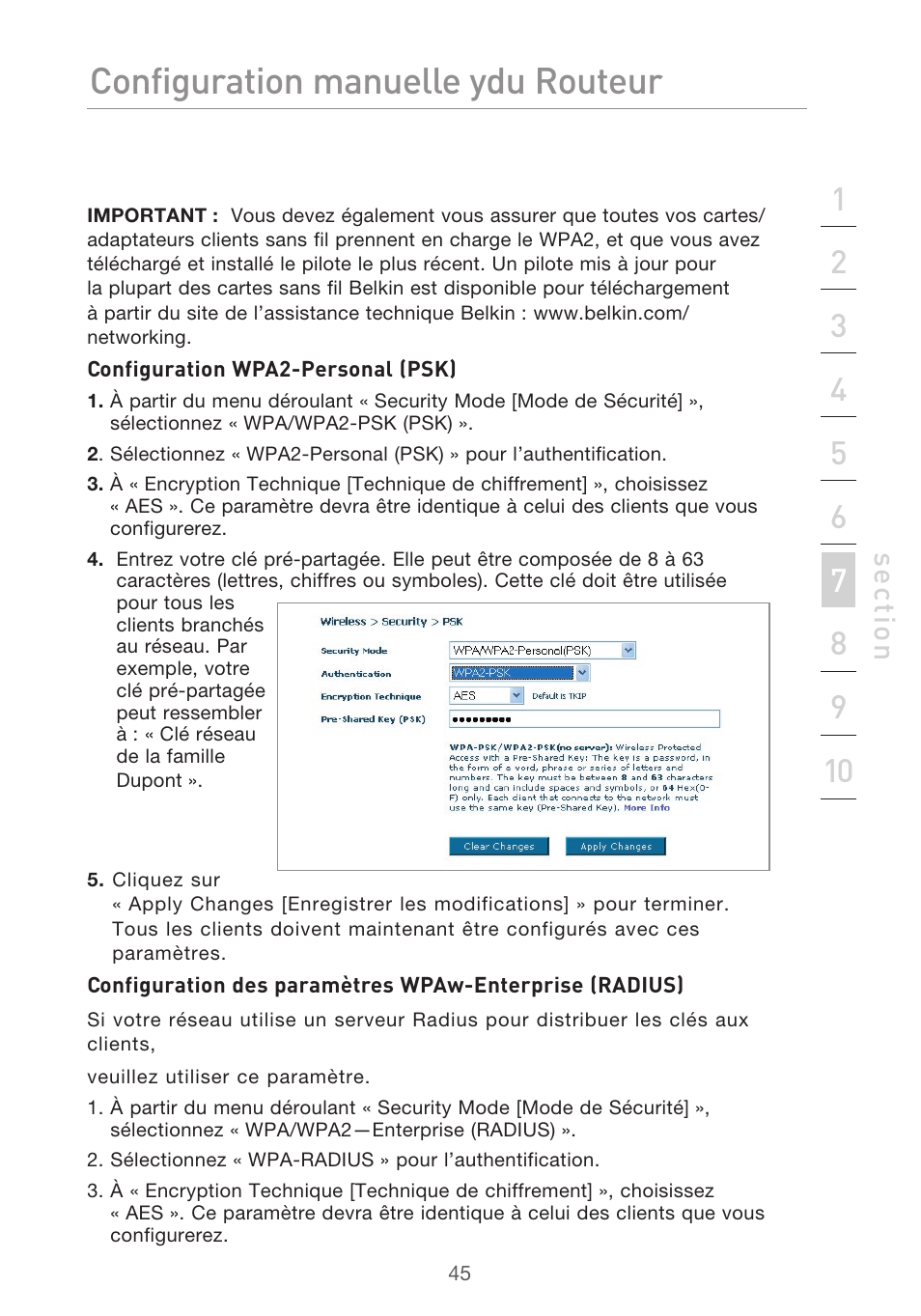 Configuration manuelle du routeur, Se ct io n | Belkin F5D9630UK4A User Manual | Page 139 / 552