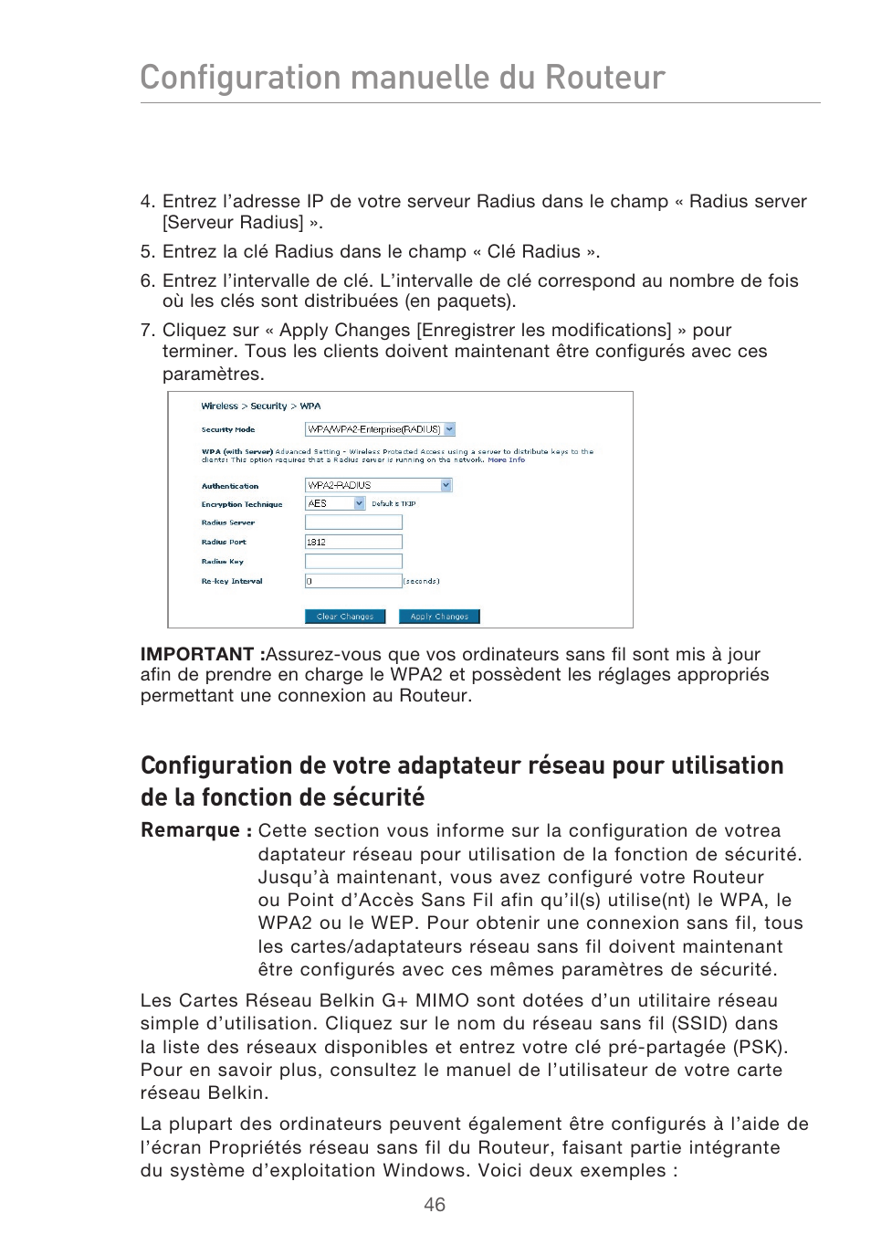 Configuration manuelle du routeur | Belkin F5D9630UK4A User Manual | Page 140 / 552