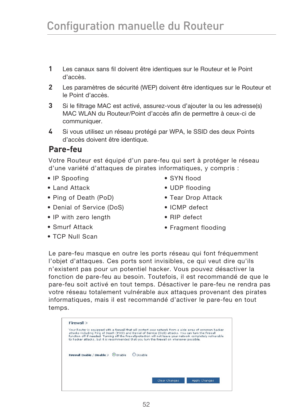 Configuration manuelle du routeur, Pare-feu | Belkin F5D9630UK4A User Manual | Page 146 / 552