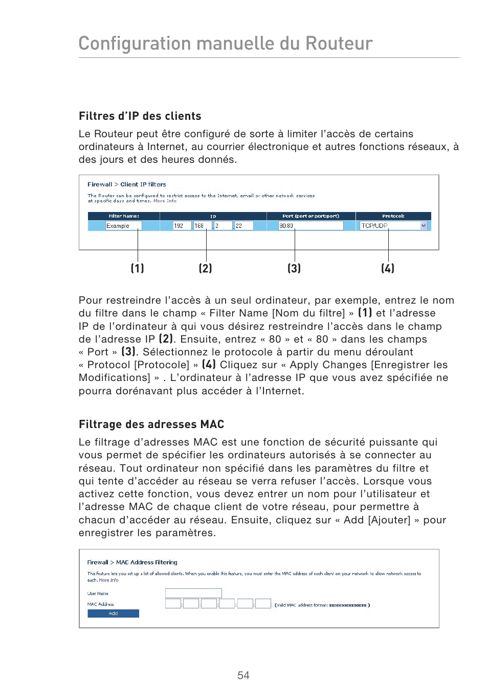 Configuration manuelle du routeur | Belkin F5D9630UK4A User Manual | Page 148 / 552