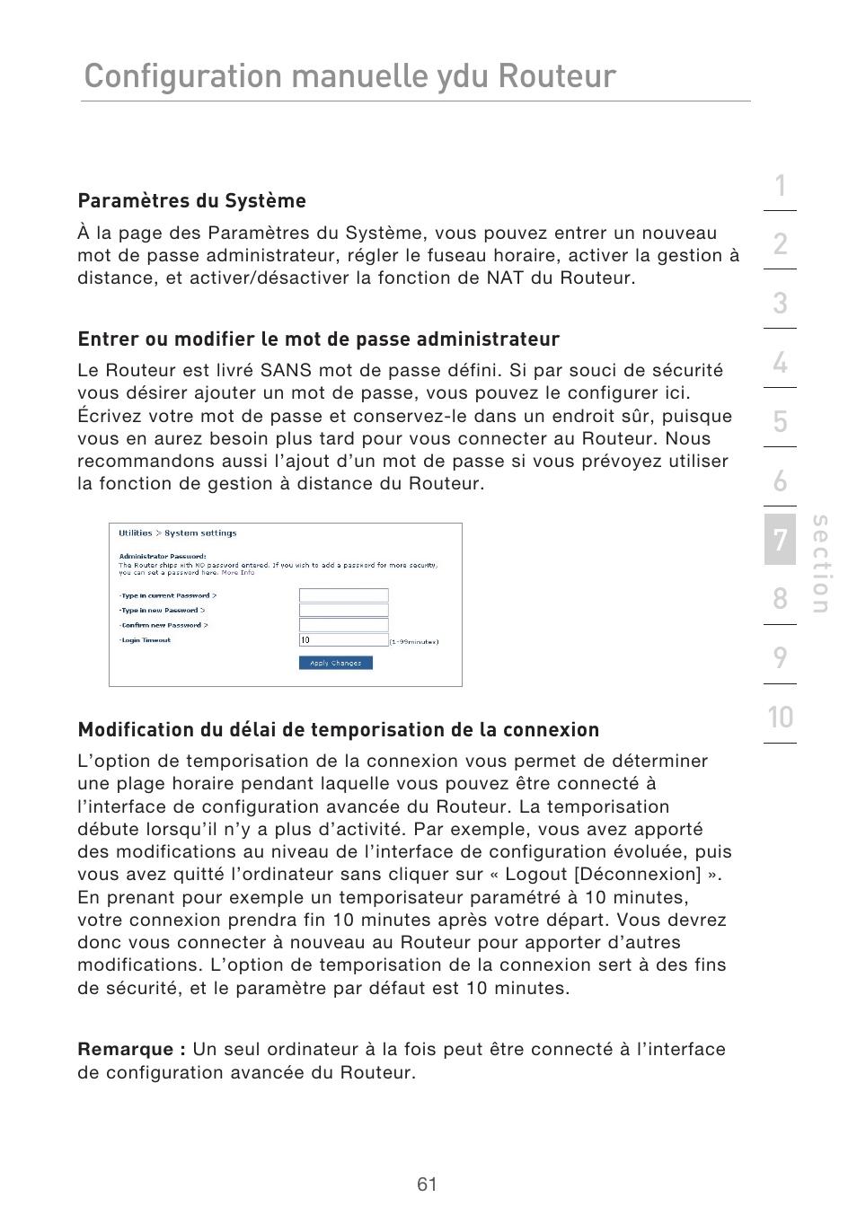 Configuration manuelle du routeur | Belkin F5D9630UK4A User Manual | Page 155 / 552
