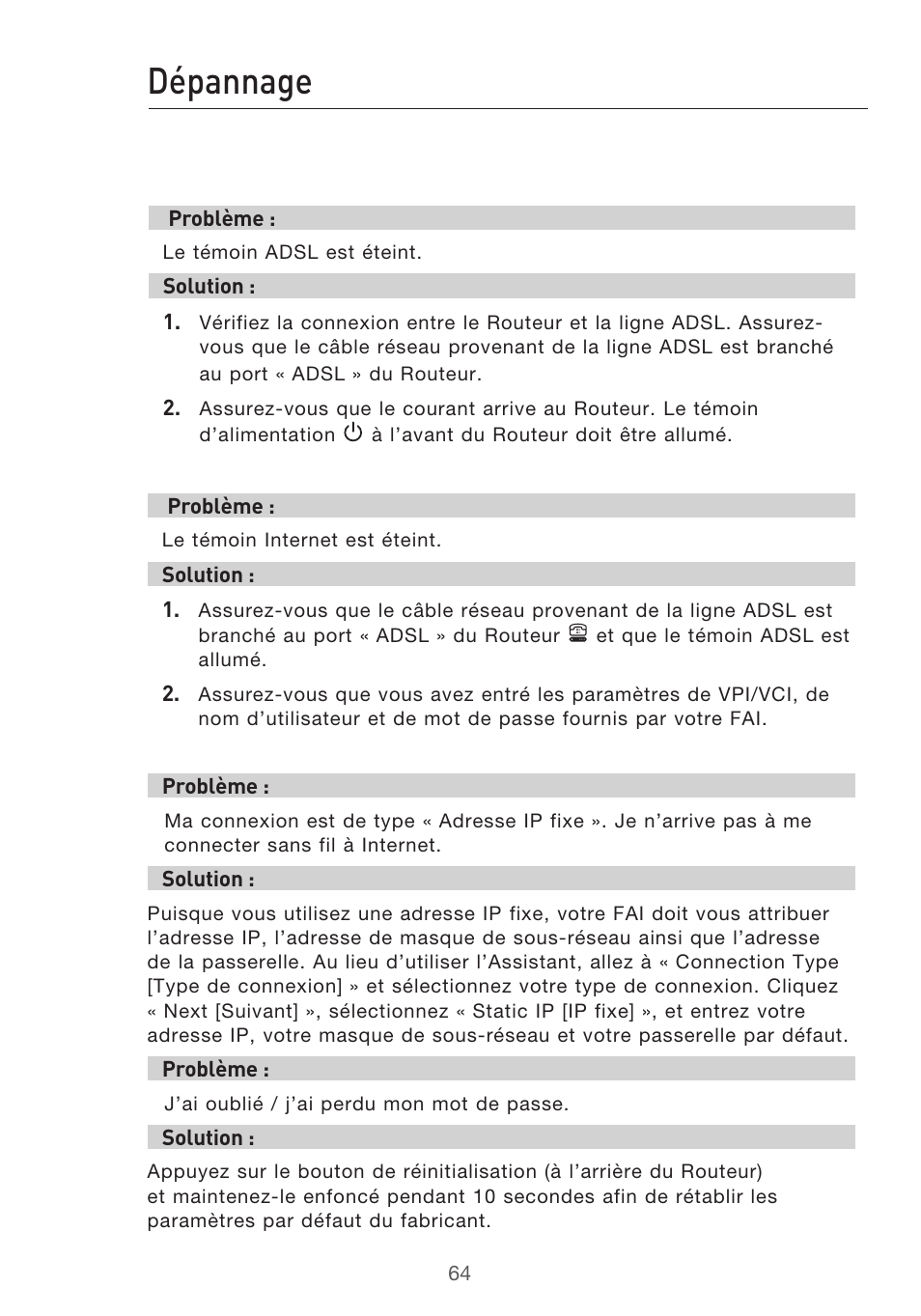 Dépannage | Belkin F5D9630UK4A User Manual | Page 158 / 552
