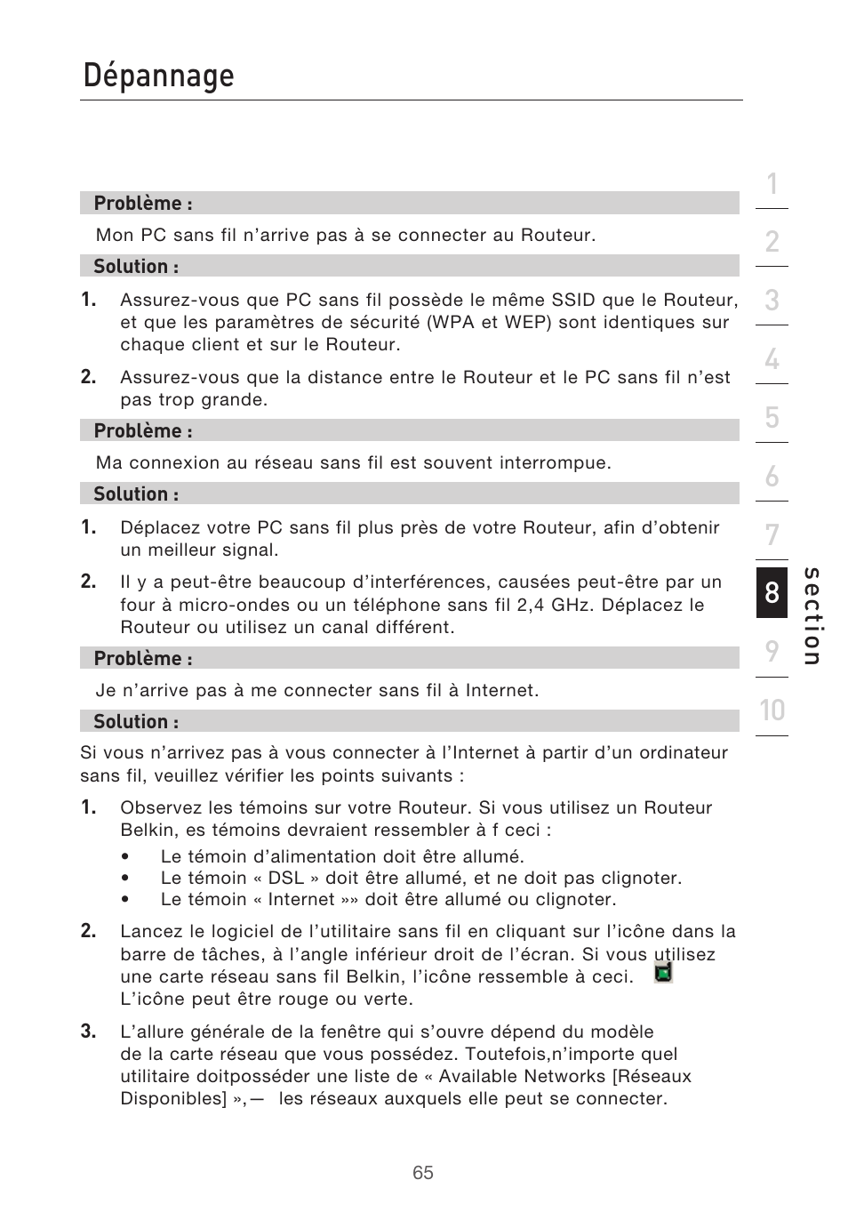 Dépannage, Se ct io n | Belkin F5D9630UK4A User Manual | Page 159 / 552